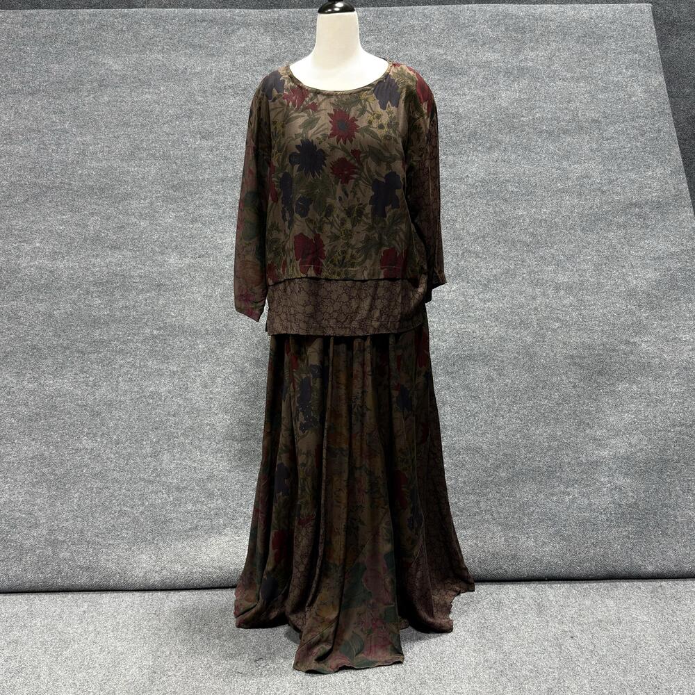 Floral 2 Piece Top Skirt Set Womens Small Brown Rayon Maxi Boho Made India